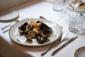 Linguine with squid ink and shellfish sauce